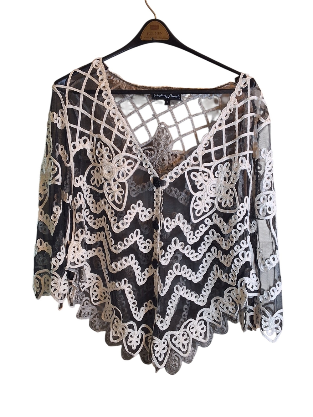 Black Sheer Lace Button Up  Cream Embroidered Floral Accents Small